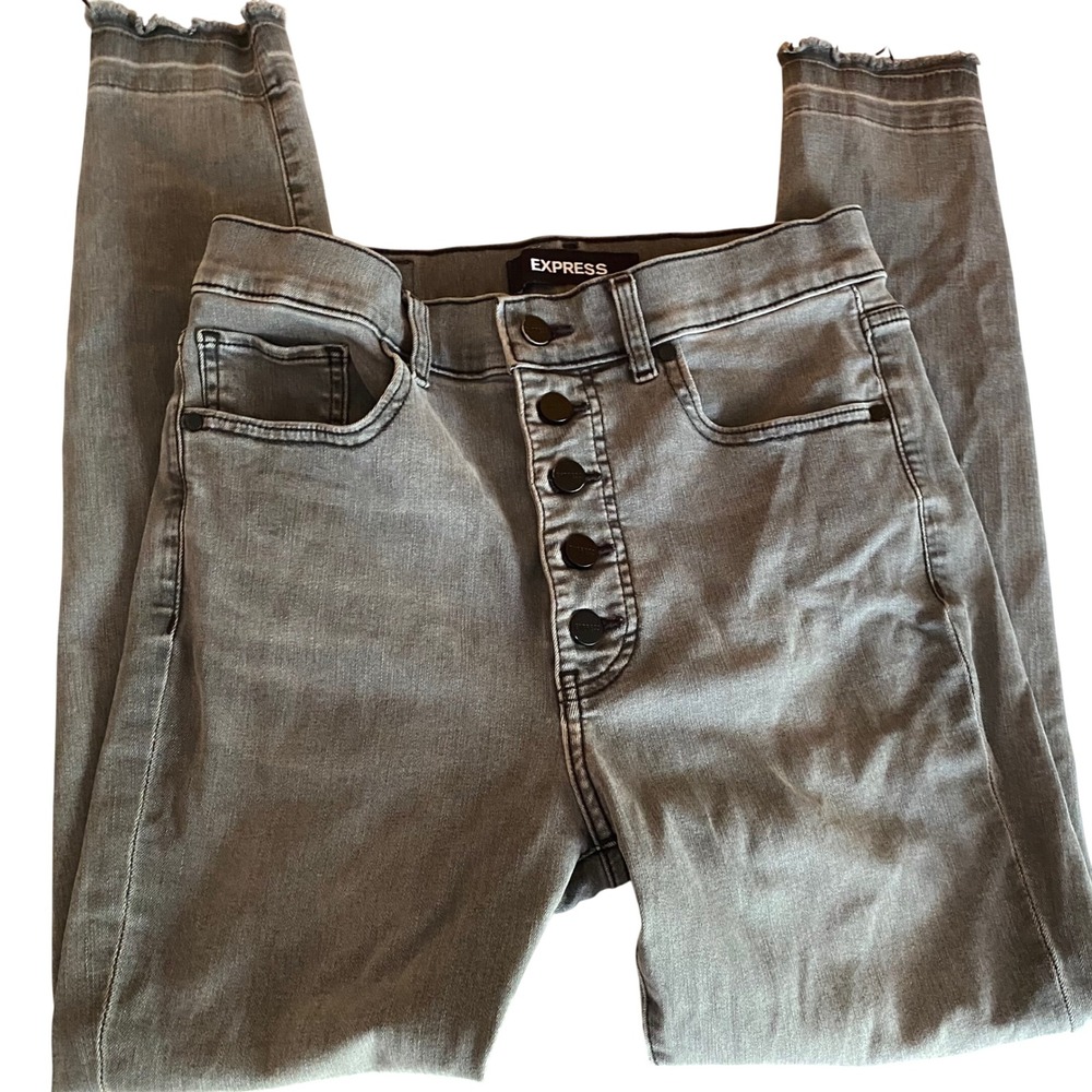 Express Skinny High Rise Grey Exposed Button Fly Raw Hem Jeans Size 8